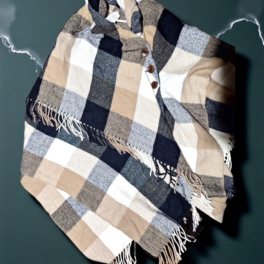 Steve Madden Checkered Poncho - Black, White, Tan